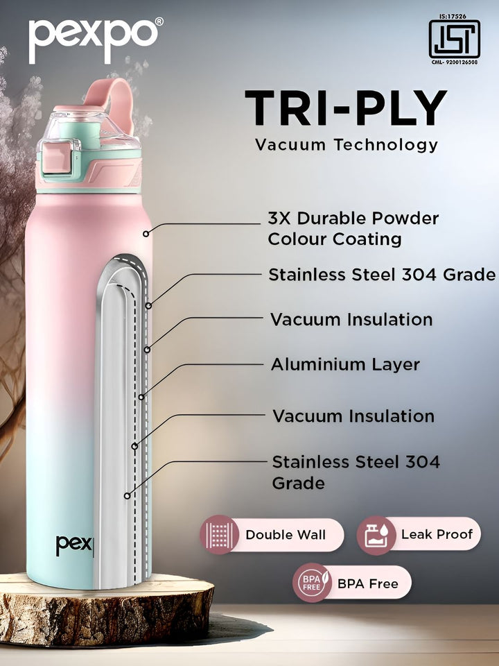 Pexpo Pink & Green Colourblocked Stainless Steel Double Wall Vacuum Water Bottle-940ml