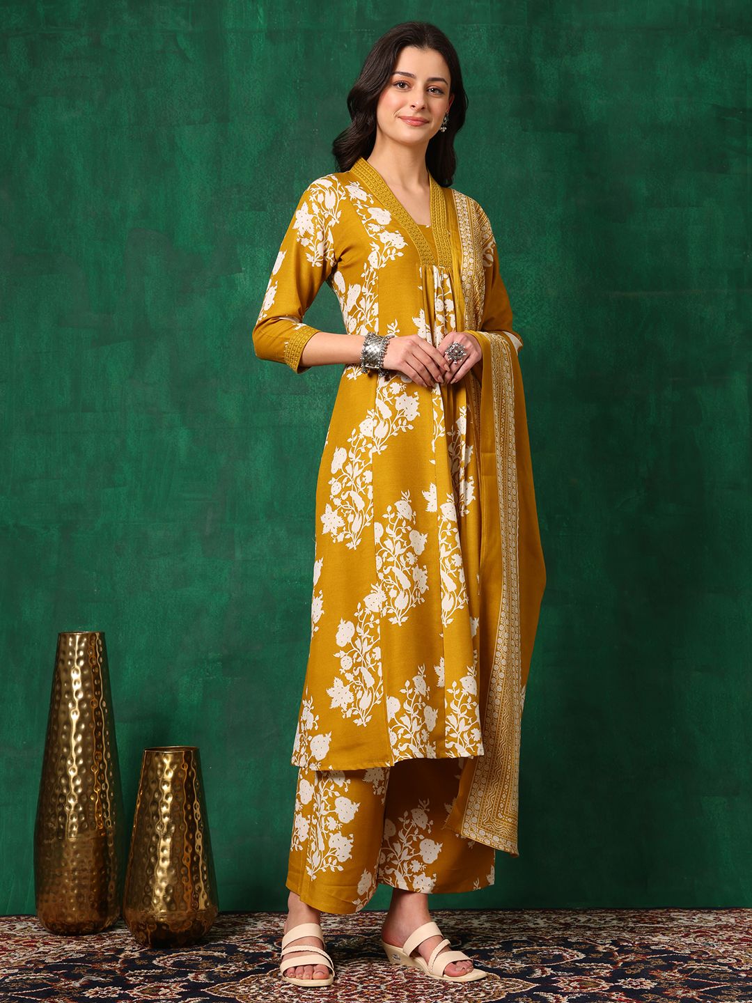 KALINI Floral Printed A-Line Kurta with Palazzos & With Dupatta