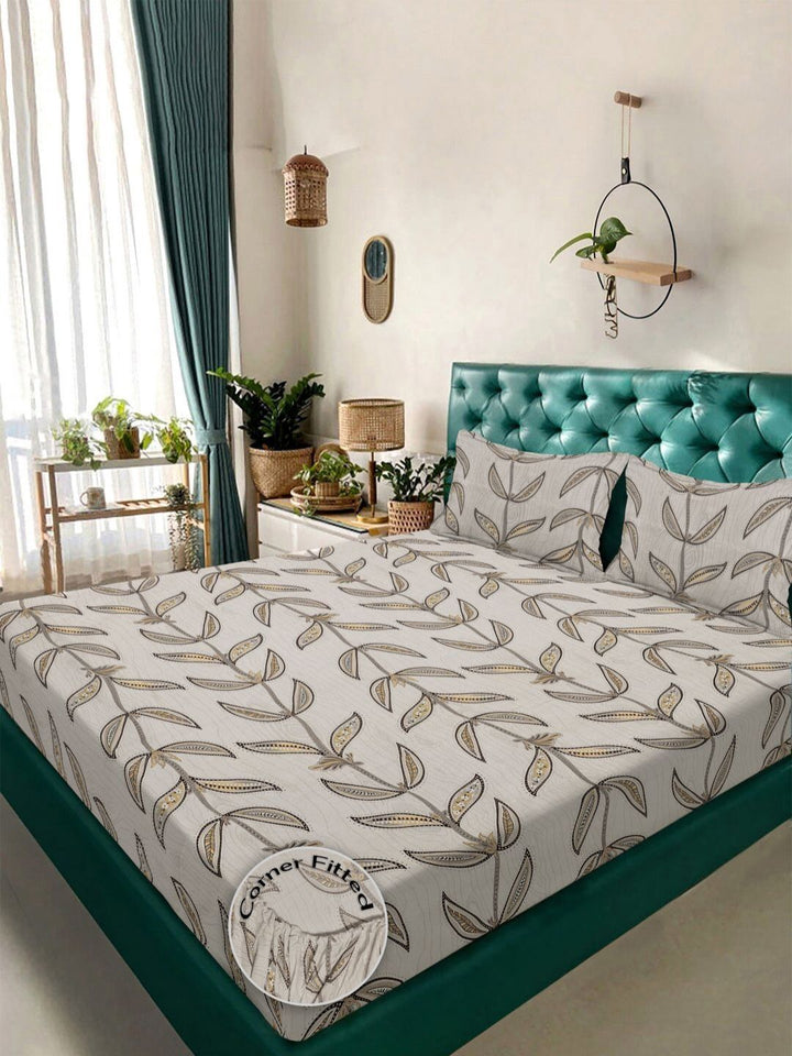Aura Beige & Grey Floral 300 TC Fitted Double King Bedsheet Set 2.50 m x 2.25 m
