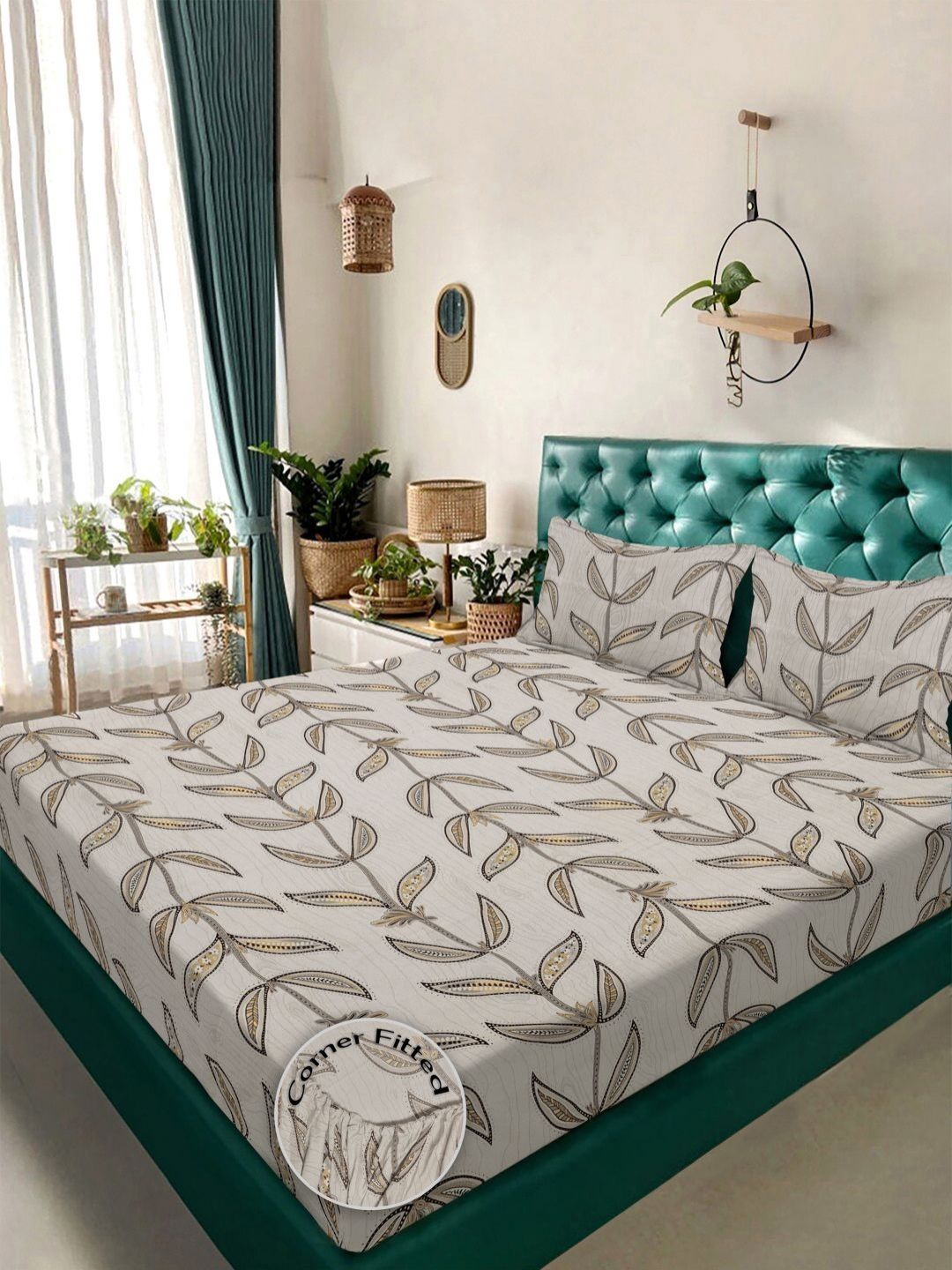 Aura Beige & Grey Floral 300 TC Fitted Double King Bedsheet Set 2.50 m x 2.25 m
