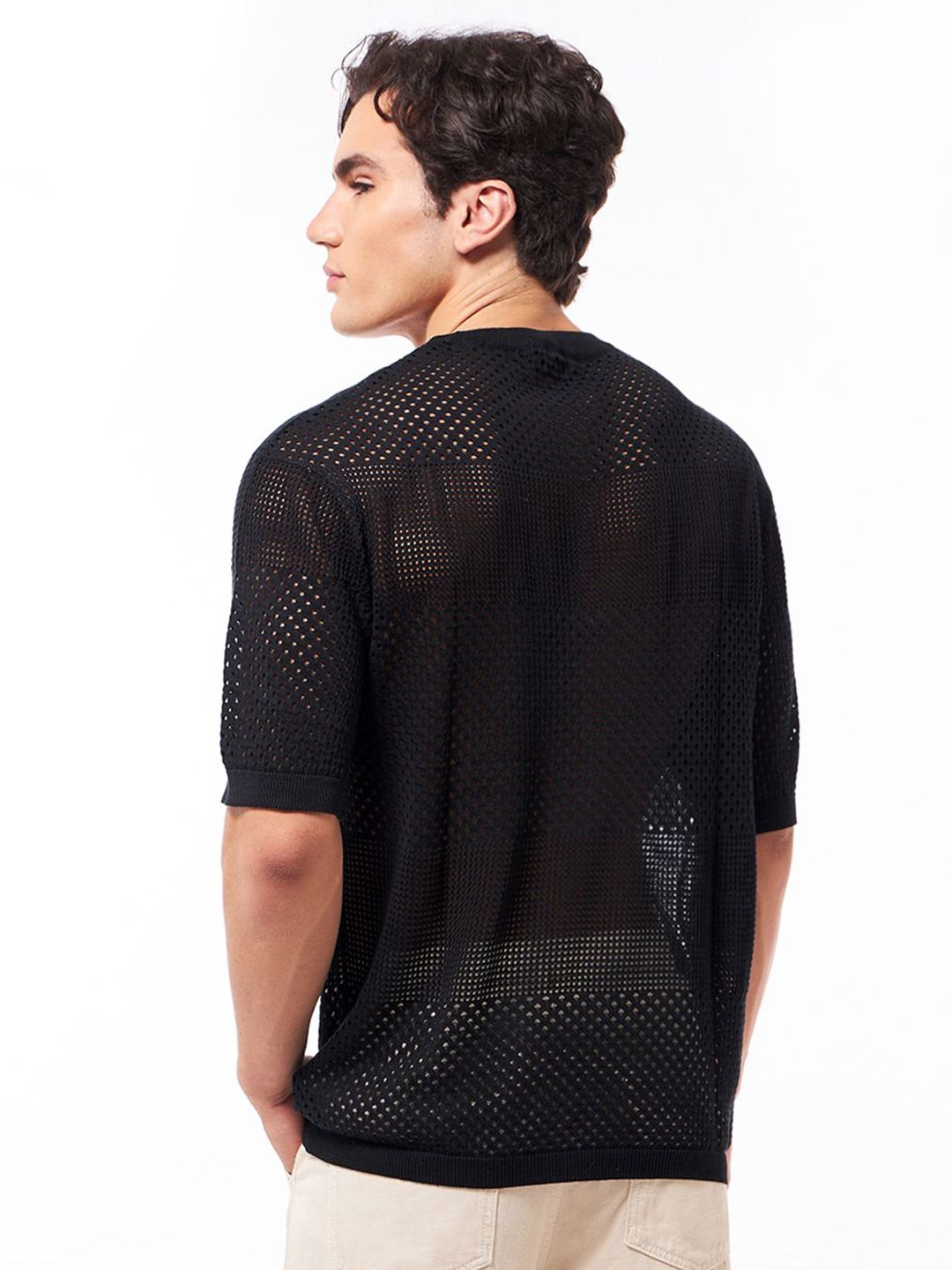Bewakoof Men's Black Pure Cotton & Oversized Flatknit T-shirt