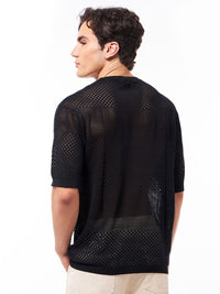 Bewakoof Men's Black Pure Cotton & Oversized Flatknit T-shirt