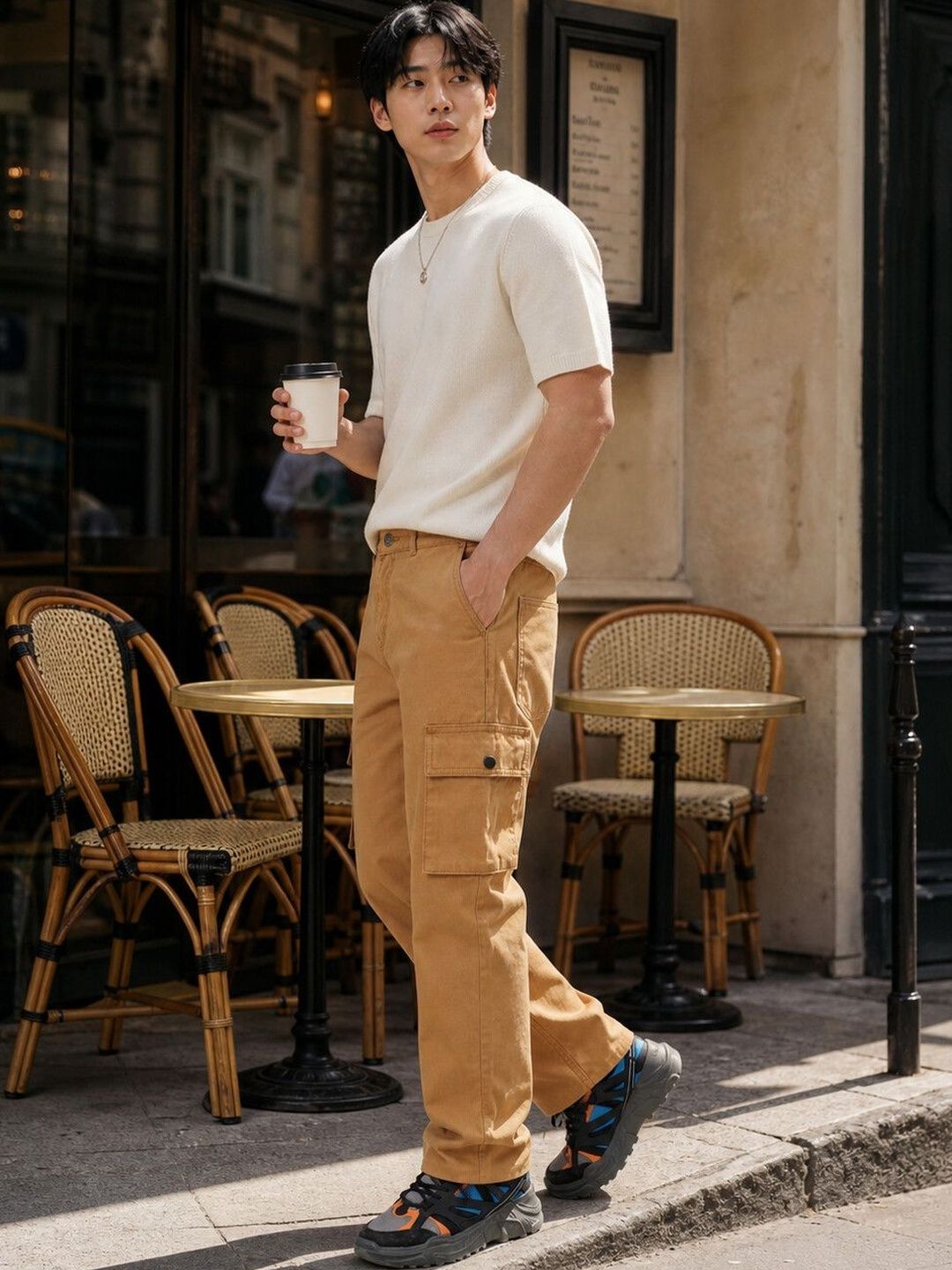 Eszett Lelaki Cotton Solid Baggy Cargos Trousers
