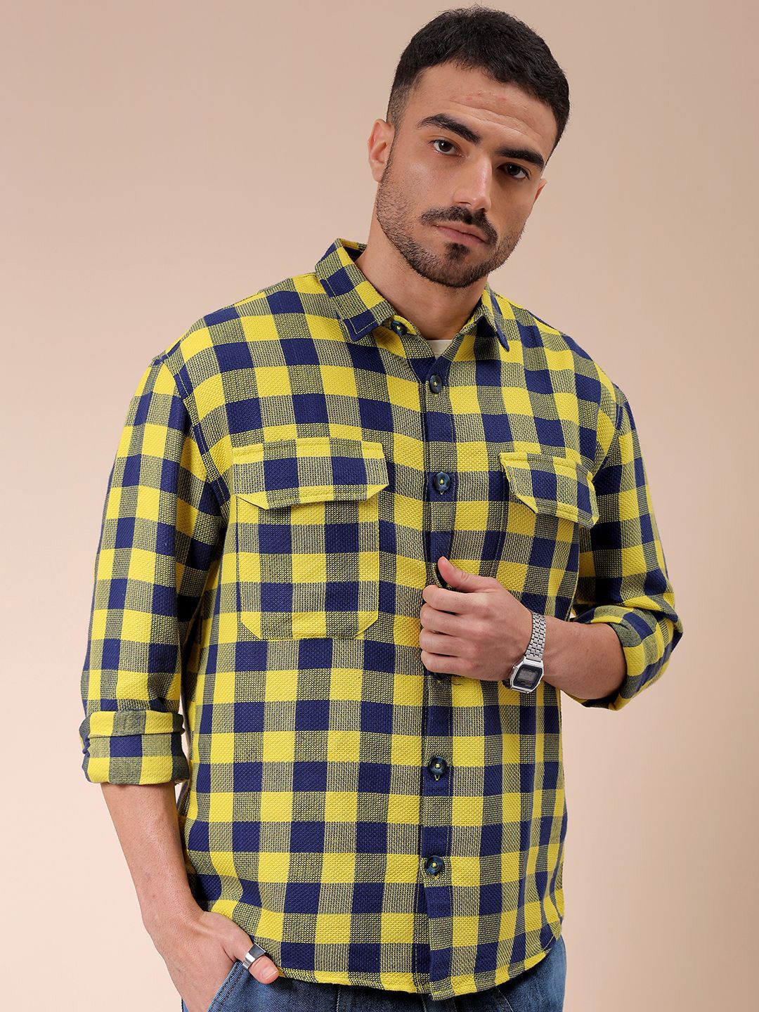 The Indian Garage Co Men Relaxed Fit Checked Dobby Textured Resortwear Shirt