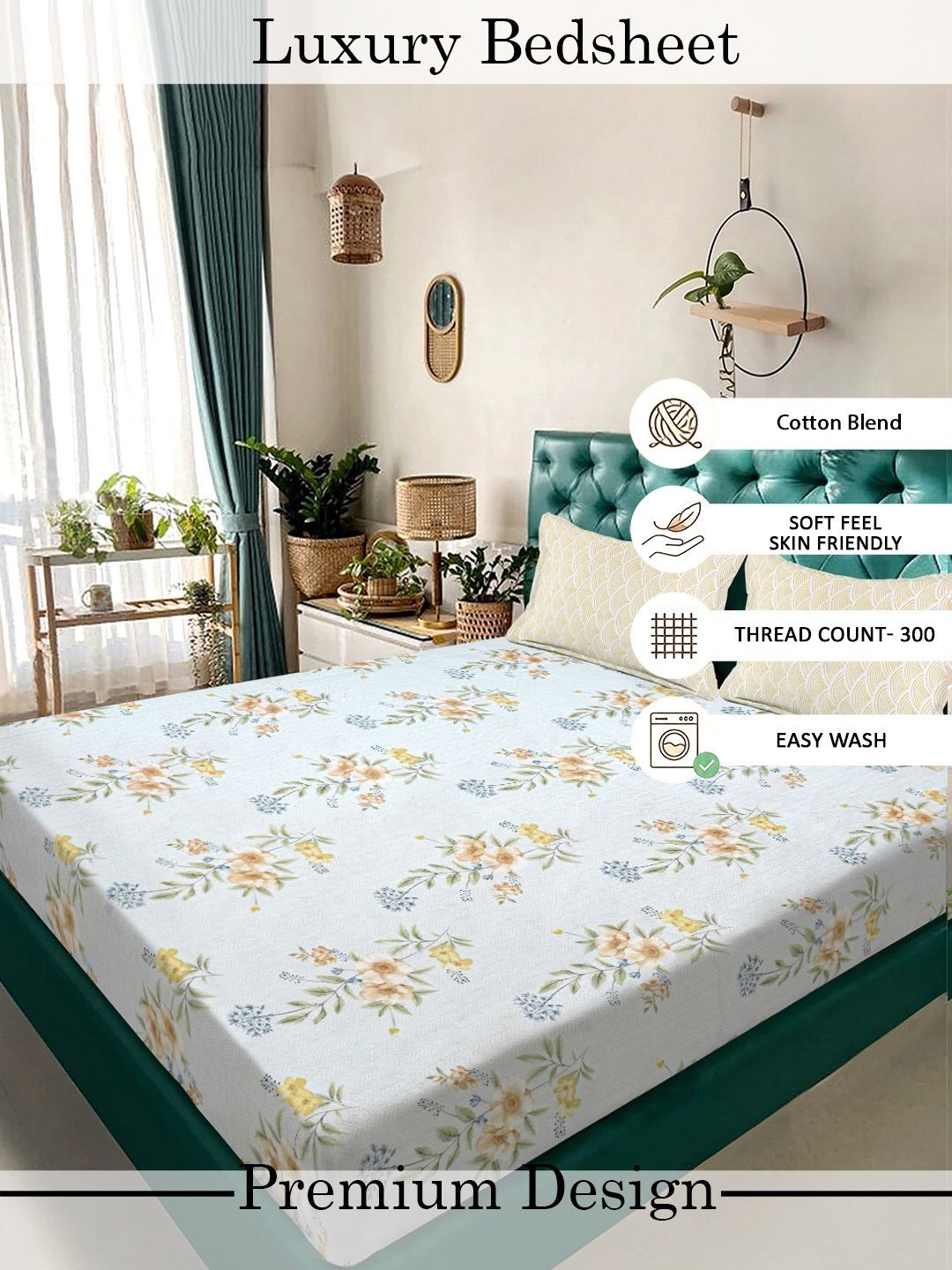 Myntra Elegant Homes White & Yellow Floral 300 TC King Cadar dengan 2 Sarung Bantal