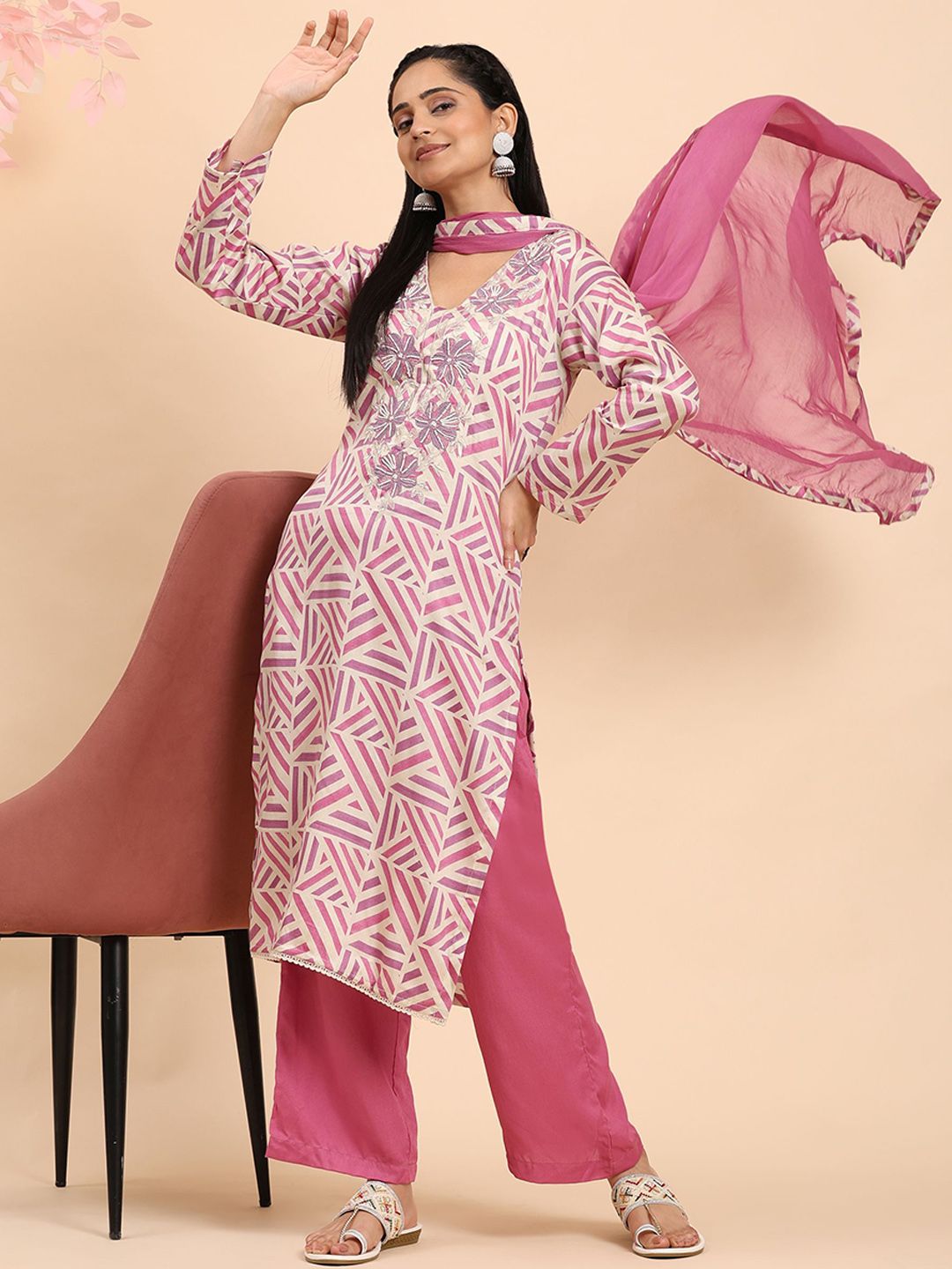 Mamicha Wanita Bercetak Kurta Kapas Tulen Biasa dengan Palazzos & Dengan Dupatta