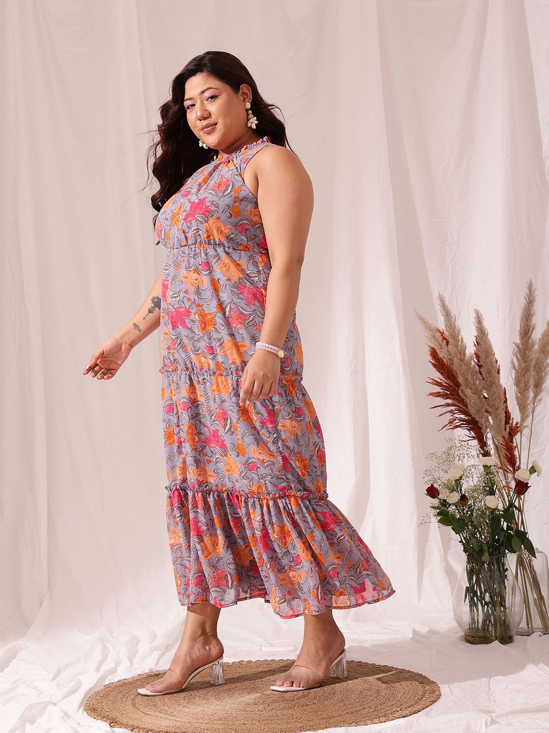 CURVY STREET Floral Printed Georgette Tiered Maxi Dress