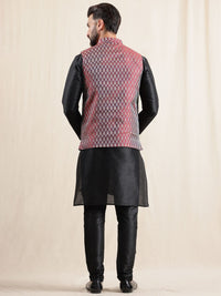 Anouk Men Mandarin Collar Kurta with Pyjamas With Woven Maroon Nehru Jacket