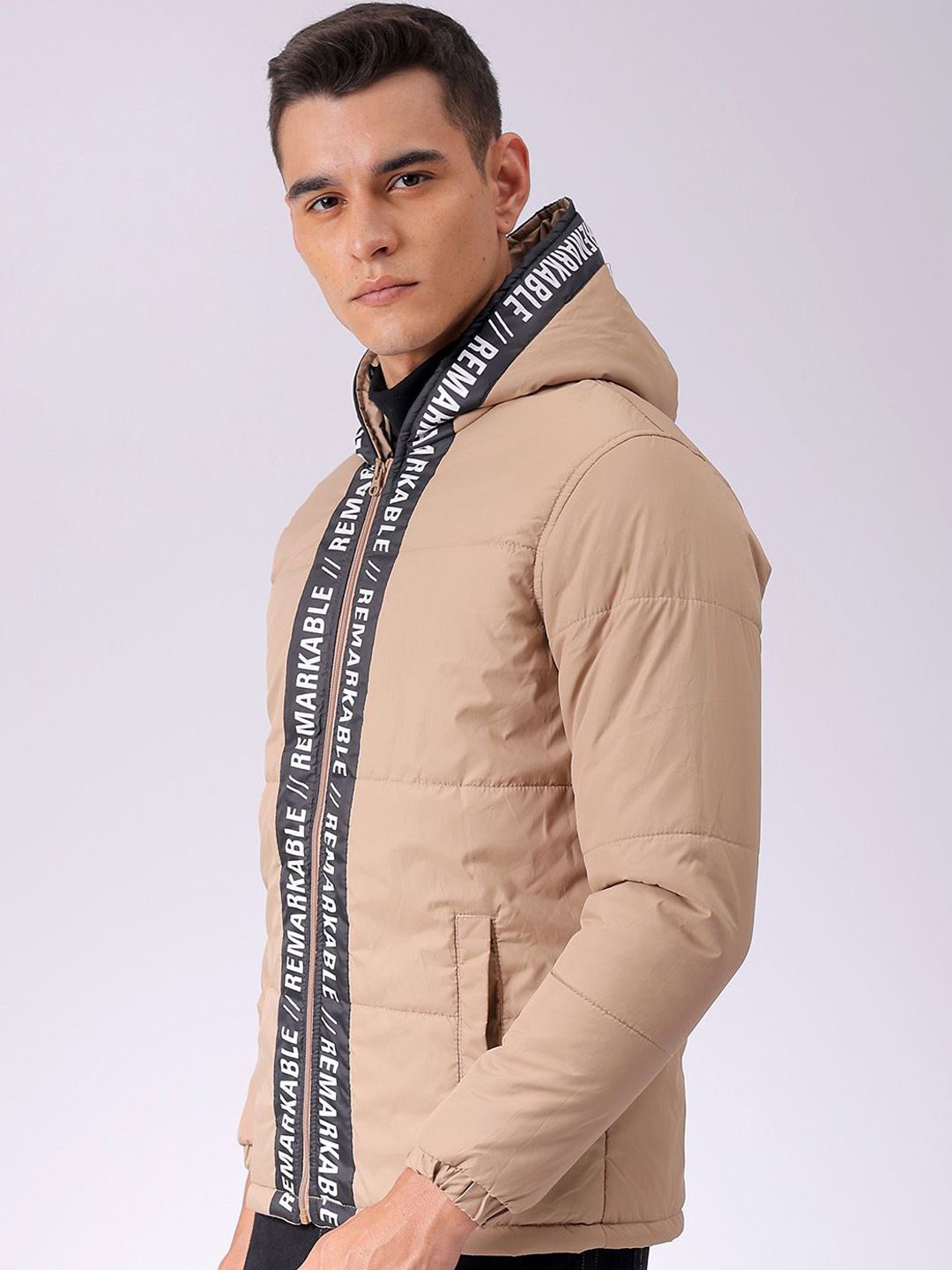 The Indian Garage Co Men Hooded Typography Printed Puffer Jacket