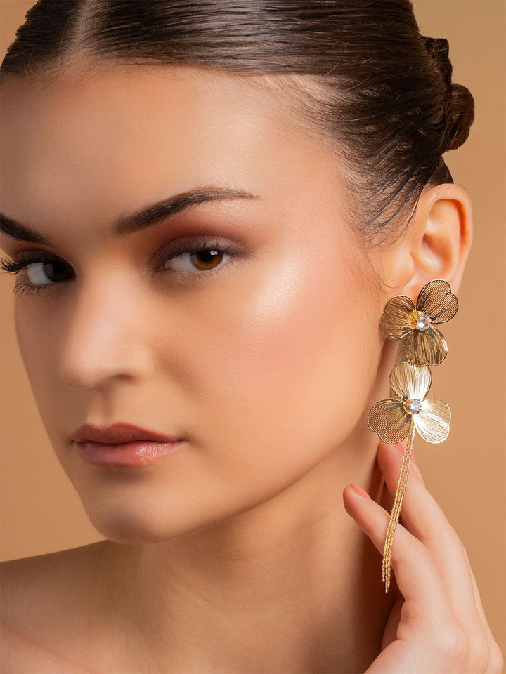 VOGUE PANASH Gold-Plated Artificial Stones Studded Floral Shaped Drop Earrings