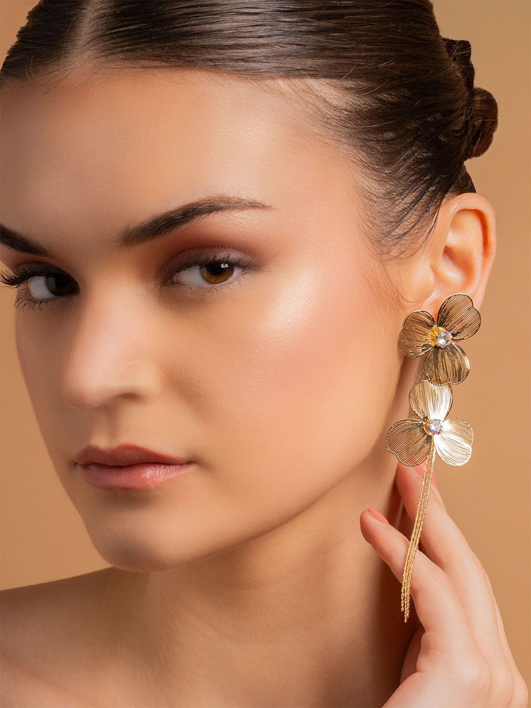 VOGUE PANASH Gold-Plated Artificial Stones Studded Floral Shaped Drop Earrings
