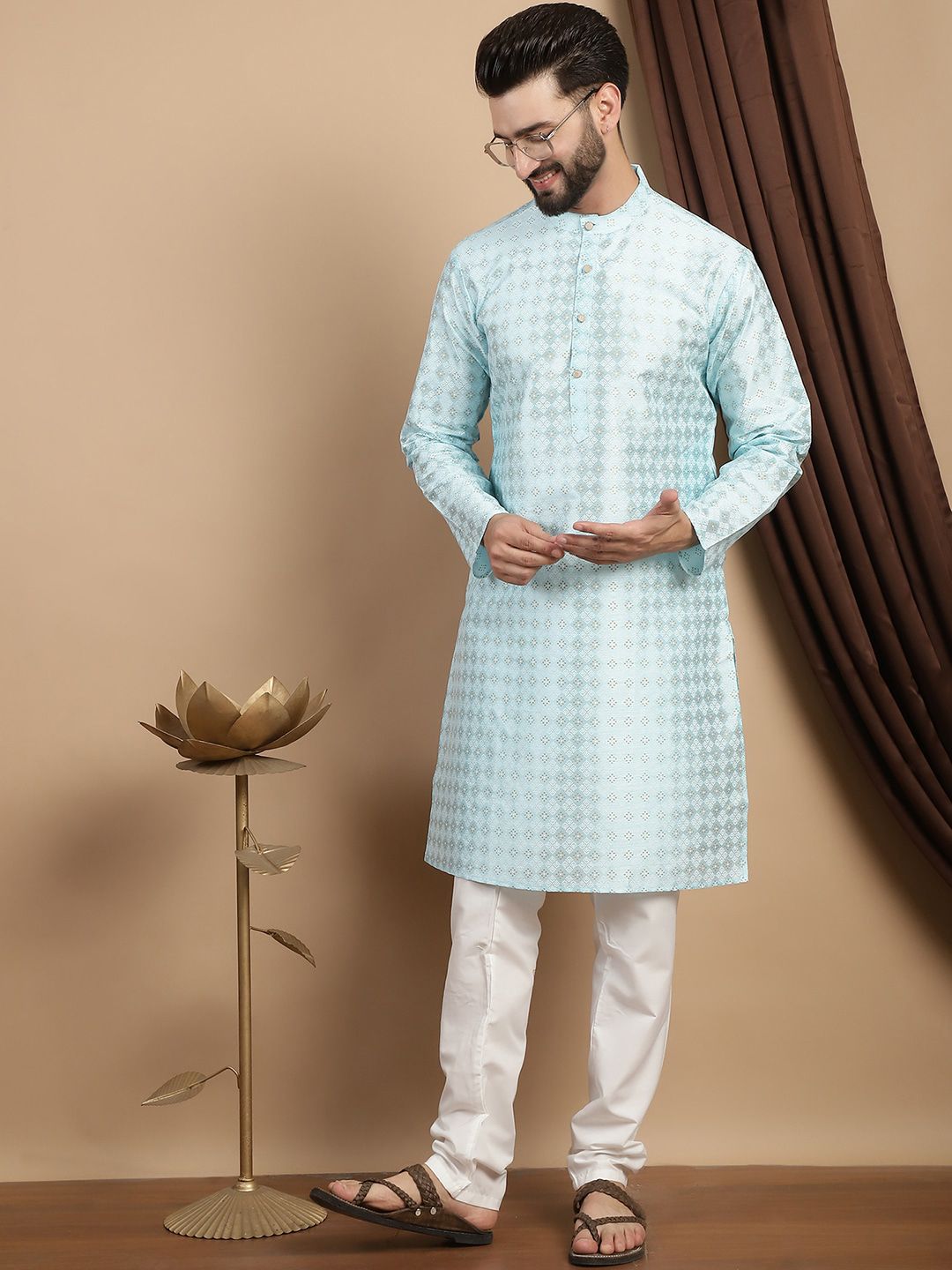 Motif Etnik Anouk Bercetak Kolar Mandarin Kurta Lurus Biasa dengan Churidar