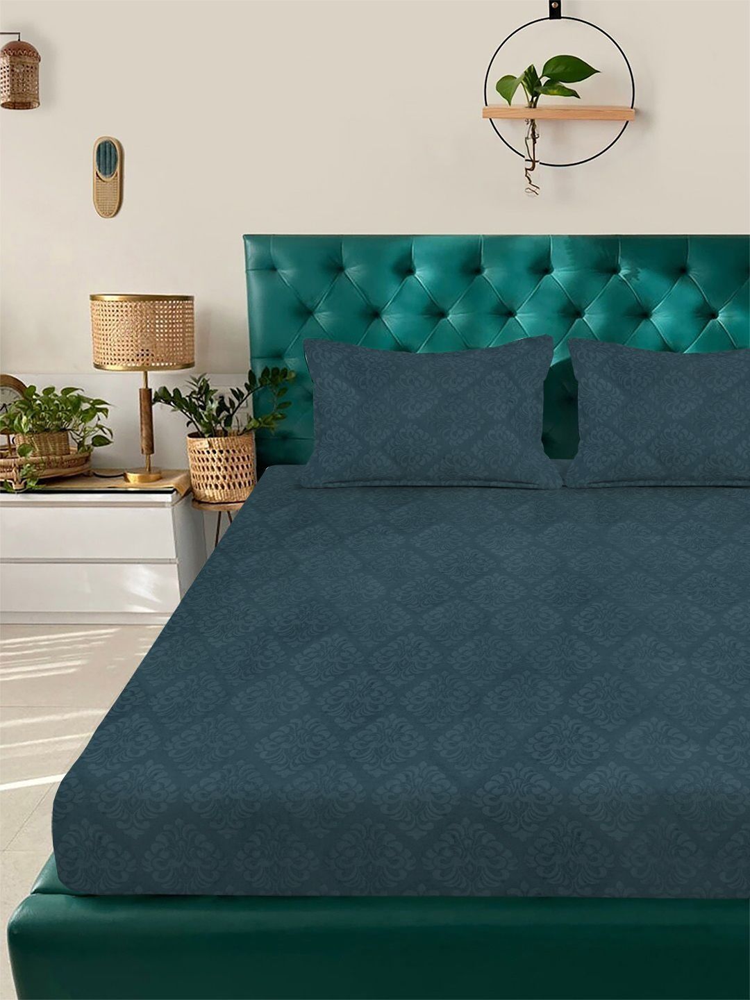 Myntra Elegant Homes Blue Floral 300 TC King Bedsheet with 2 Pillow Covers