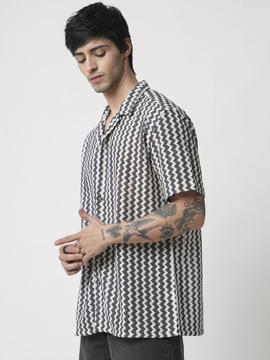 VASTRADO Men Classic Cuban Collar Geometric Printed Cotton Casual Shirt