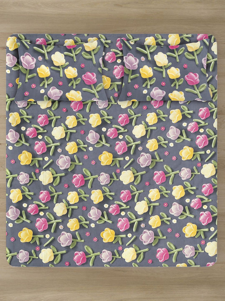 KLOTTHE Grey Floral 300TC King Superfine 7D Cadar & 2 Sarung Bantal-2.50mx2.25m