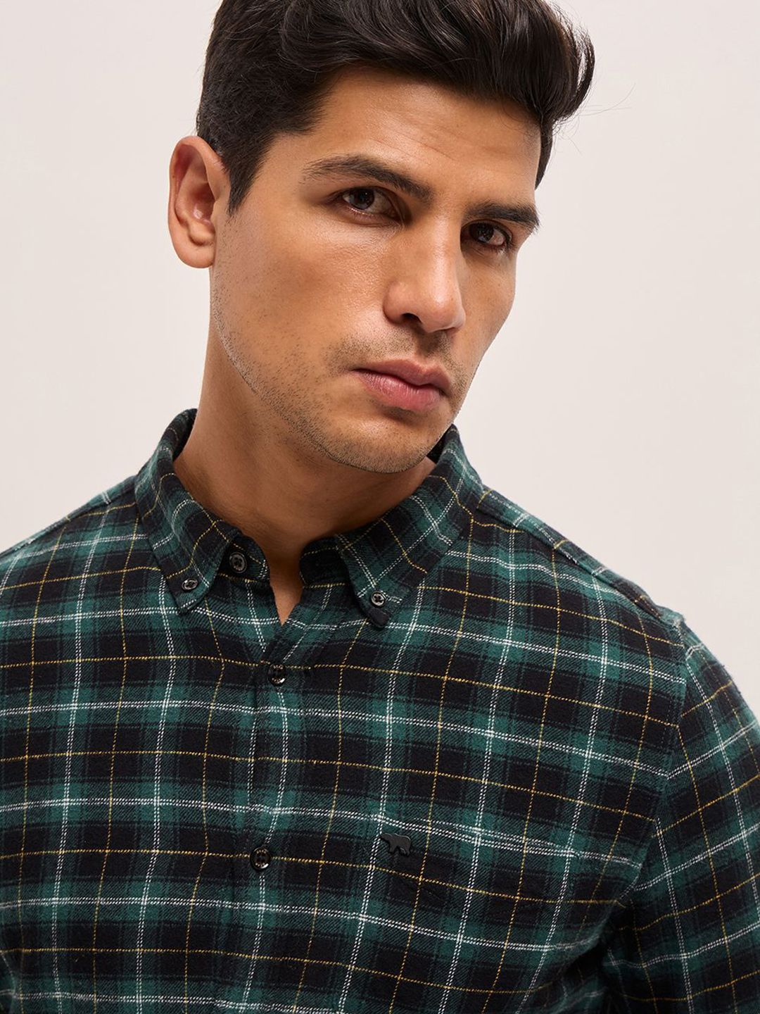 THE BEAR HOUSE Men Button-Down Collar Tartan Checked Cotton Slim Fit Casual Shirt