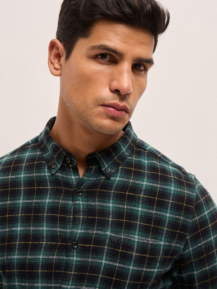 THE BEAR HOUSE Men Button-Down Collar Tartan Checked Cotton Slim Fit Casual Shirt