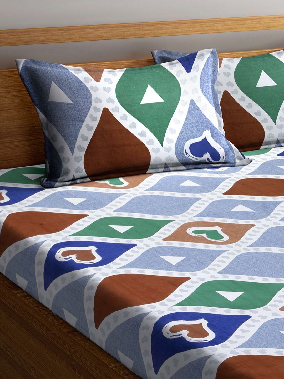Myntra Elegant Homes Kapas Geometri Putih 300 TC Cadar Tempat Tidur King Halus dengan 2 Sarung Bantal-250 x 220 cm
