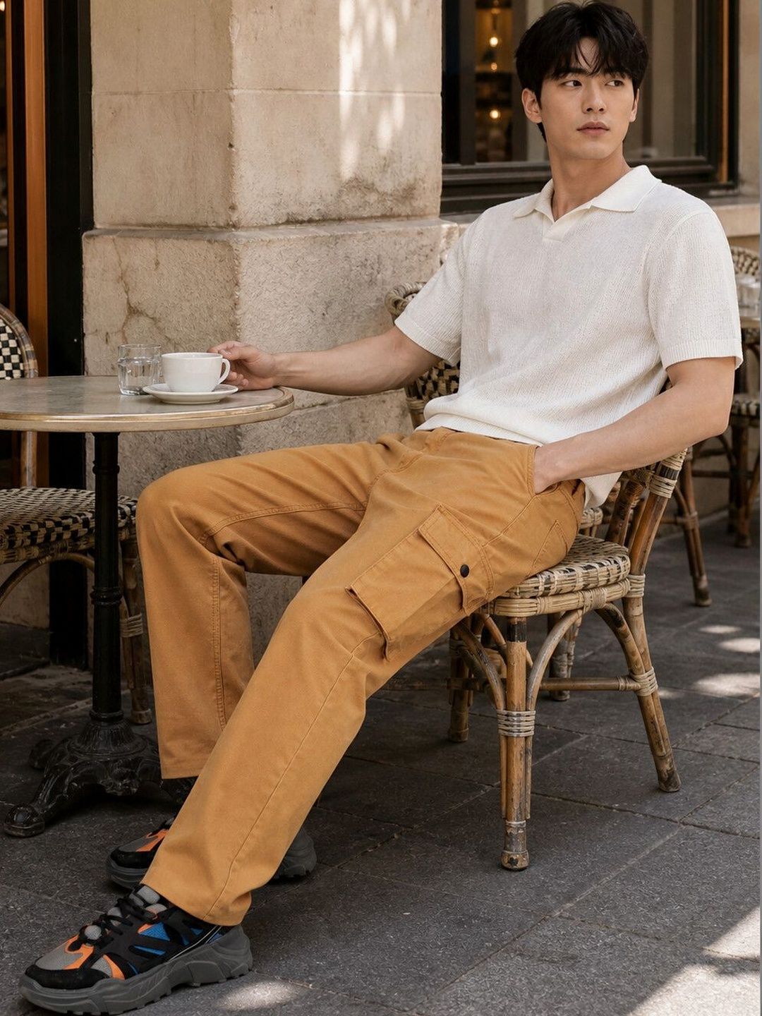 Eszett Lelaki Cotton Solid Baggy Cargos Trousers