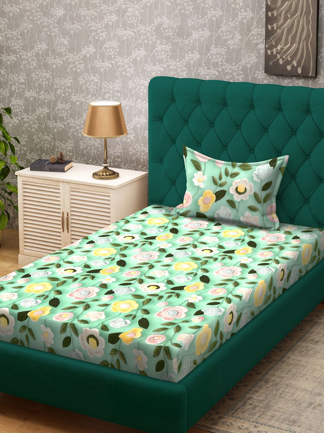 KLOTTHE Green & Pink Floral Printed Fitted 300 TC Single 7D Bedsheet With 2 Pillow Cover