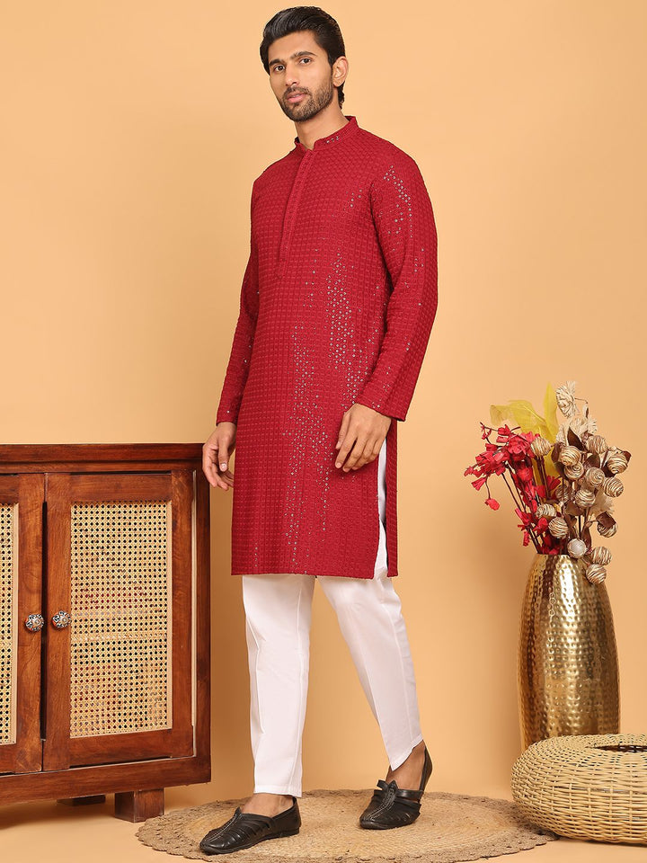 Jompers Floral Embroidered Mandarin Collar Sequinned Straight Kurta With Pyjama