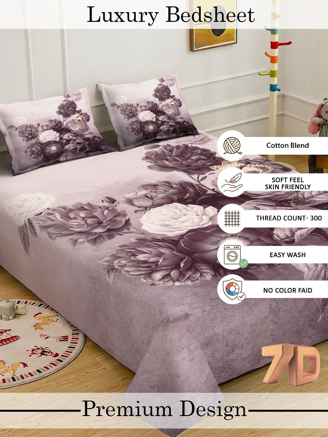 Myntra Elegant Homes Purple Floral 300 TC King Bedsheet with 2 Pillow Covers