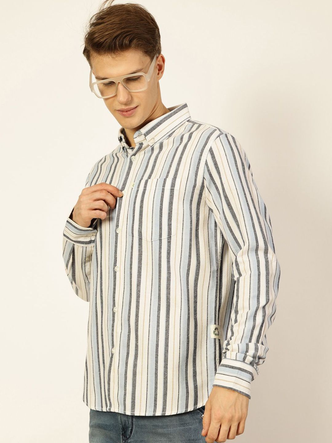 Thomas Scott Men Premium Button-Down Collar Vertical Striped Cotton Slim Fit Casual Shirt