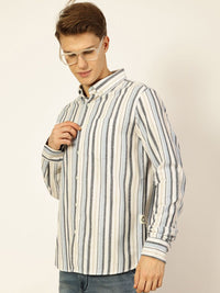 Thomas Scott Men Premium Button-Down Collar Vertical Striped Cotton Slim Fit Casual Shirt