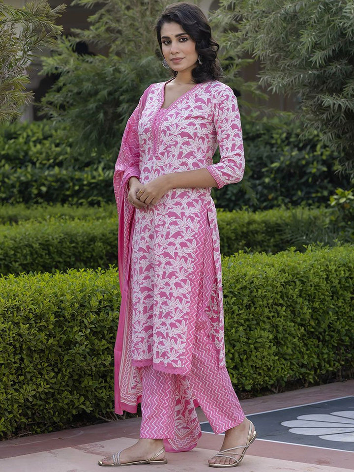 Kalini Floral Printed Mirror Work Lurus Kurta Kapas Tulen Dengan Seluar & Dupatta