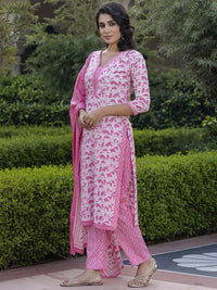 Kalini Floral Printed Mirror Work Lurus Kurta Kapas Tulen Dengan Seluar & Dupatta