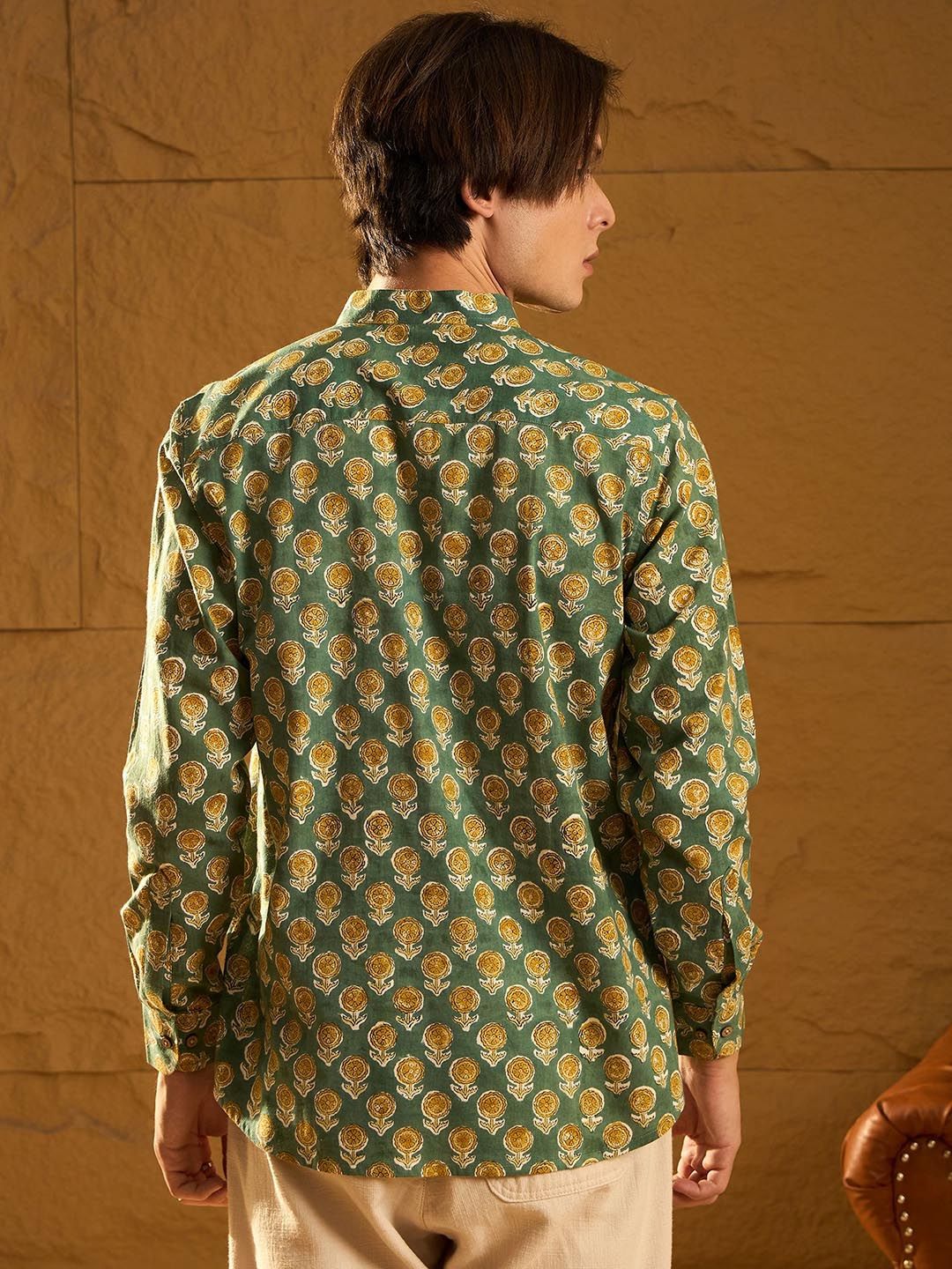 Dennison Floral Block dicetak kapas kolar mandarin pendek kurta pendek