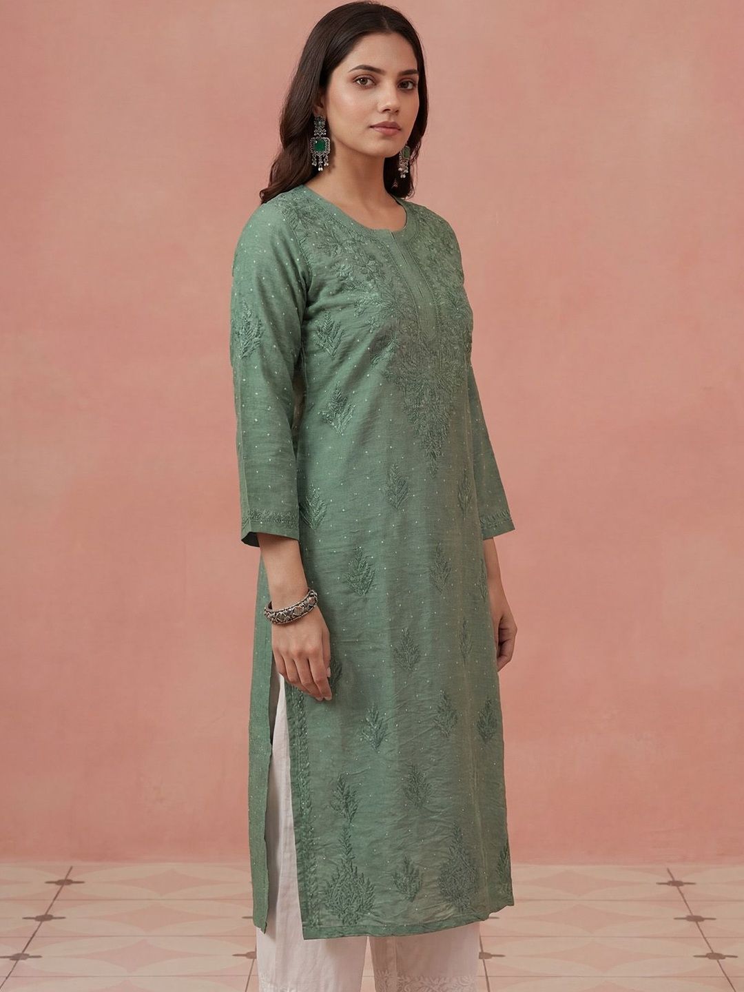 Rumah Wanita Chikankari Motif Etnik Sulam Benang Kerja Kurta Sutera Chanderi