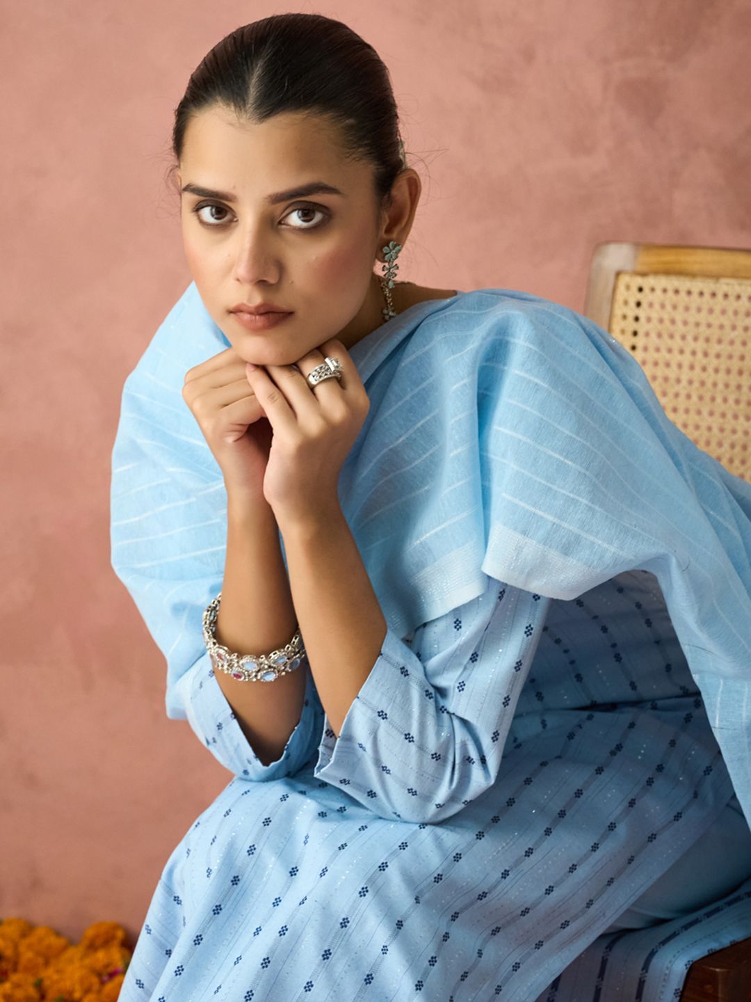 KALINI Woven Design Straight Kurta With Trouser And Dupatta