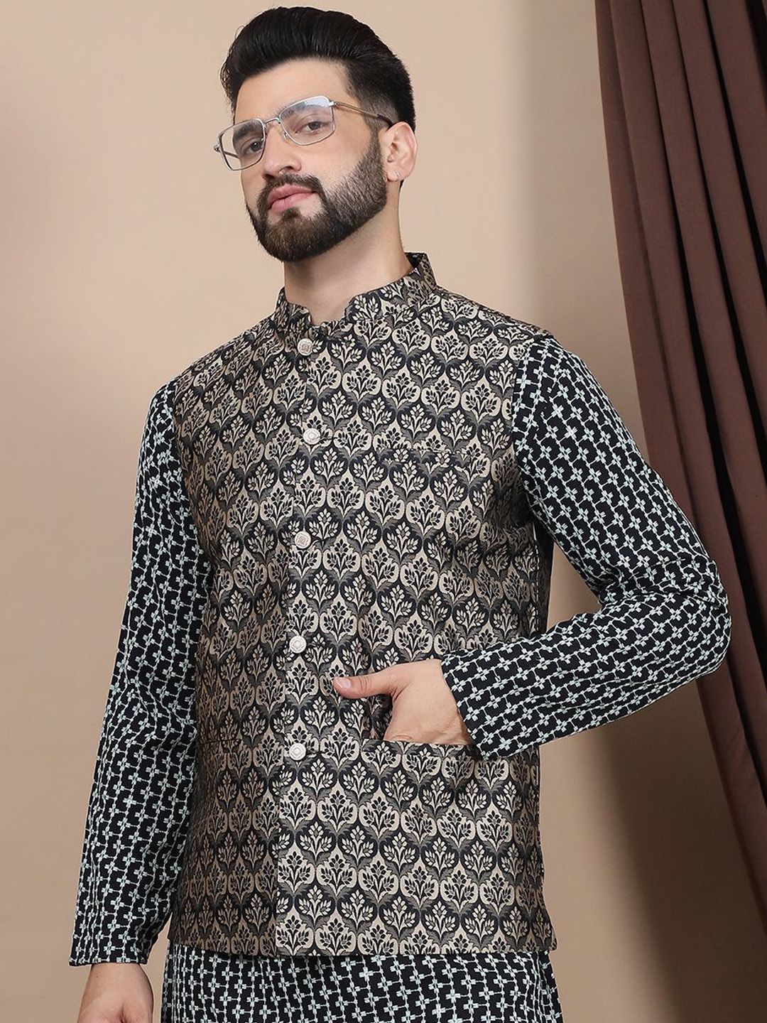 Anouk Ethnic Motifs Embroidered Pure Cotton Straight Kurta With Churidar & Nehru Jacket