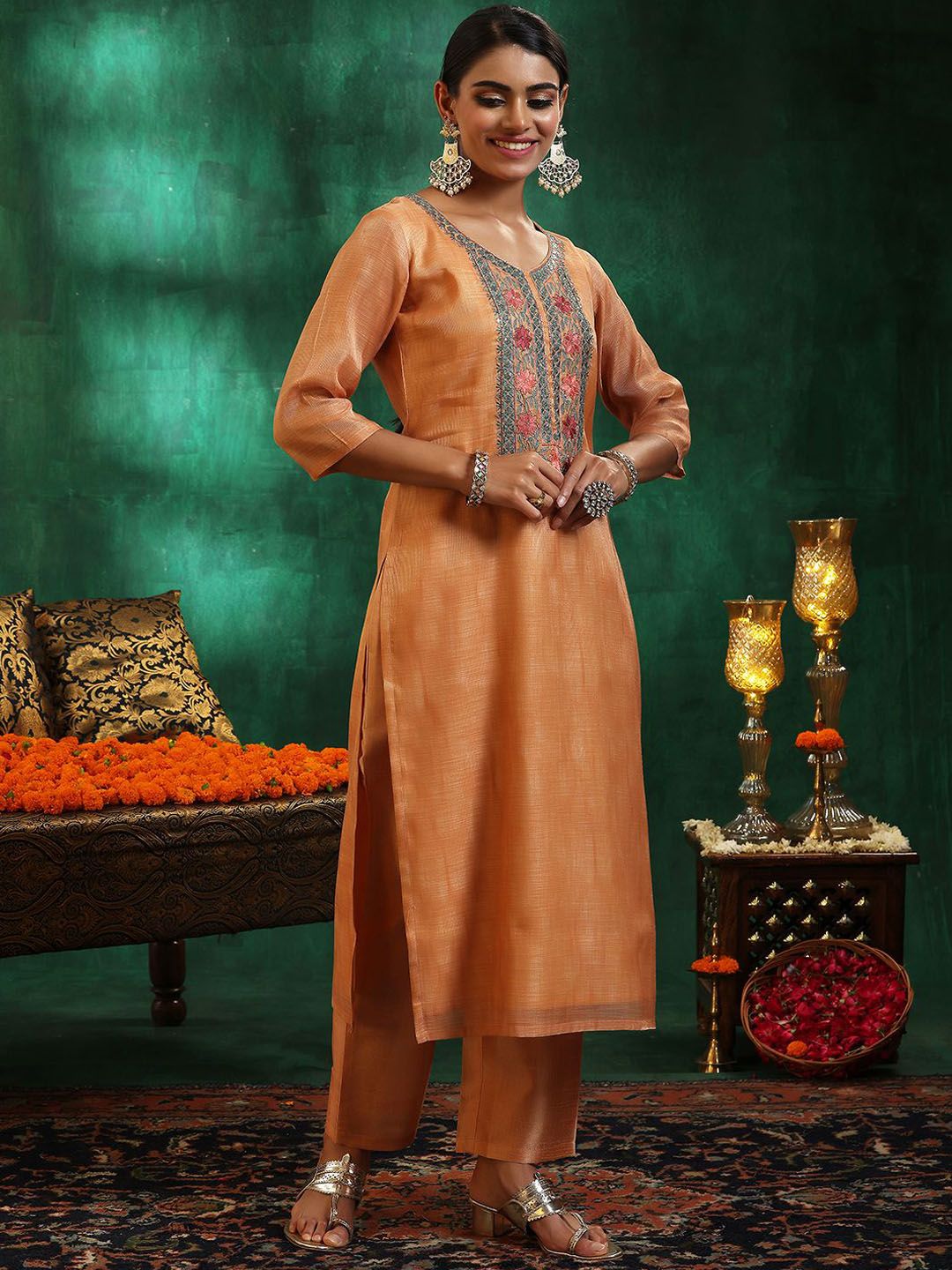 Libas Women Yoke Design Regular Beads and Stones Kurta with Trousers & With Dupatta