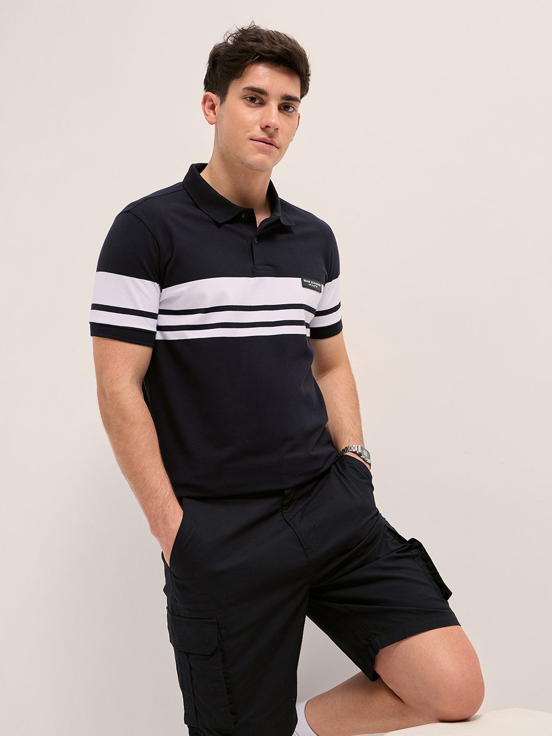 THE BEAR HOUSE Men Striped Polo Collar Cotton T-shirt
