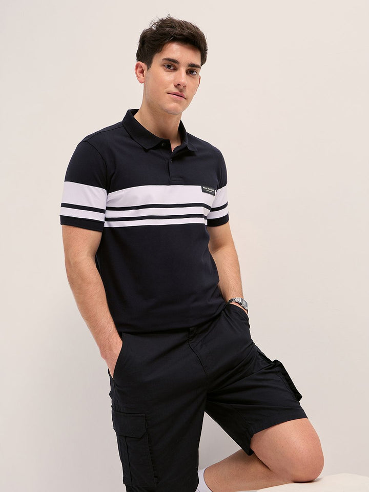THE BEAR HOUSE Men Striped Polo Collar Cotton T-shirt