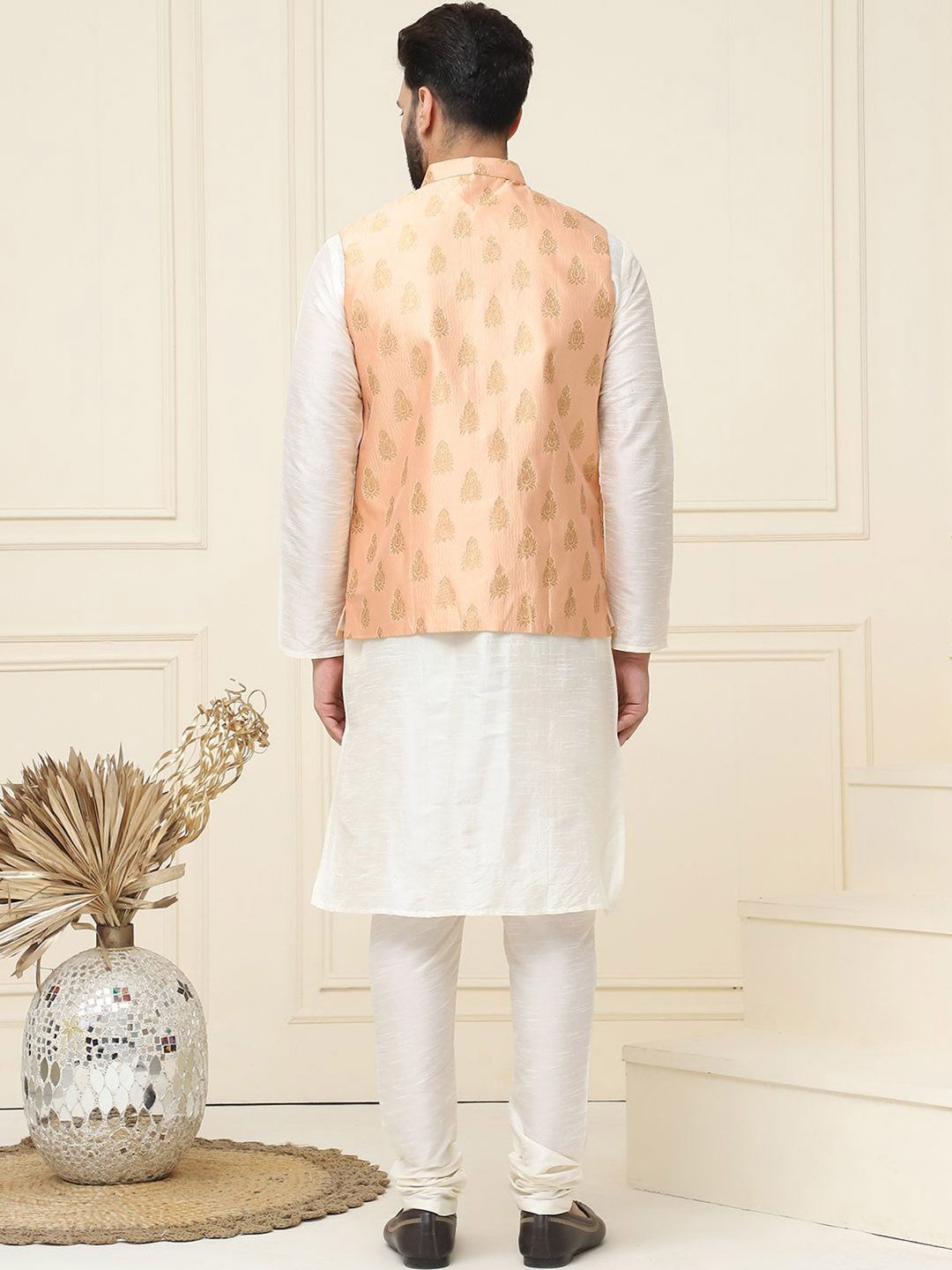 SOJANYA Mandarin Collar Silk Cotton Straight Kurta with Churidar & Nehru jacket