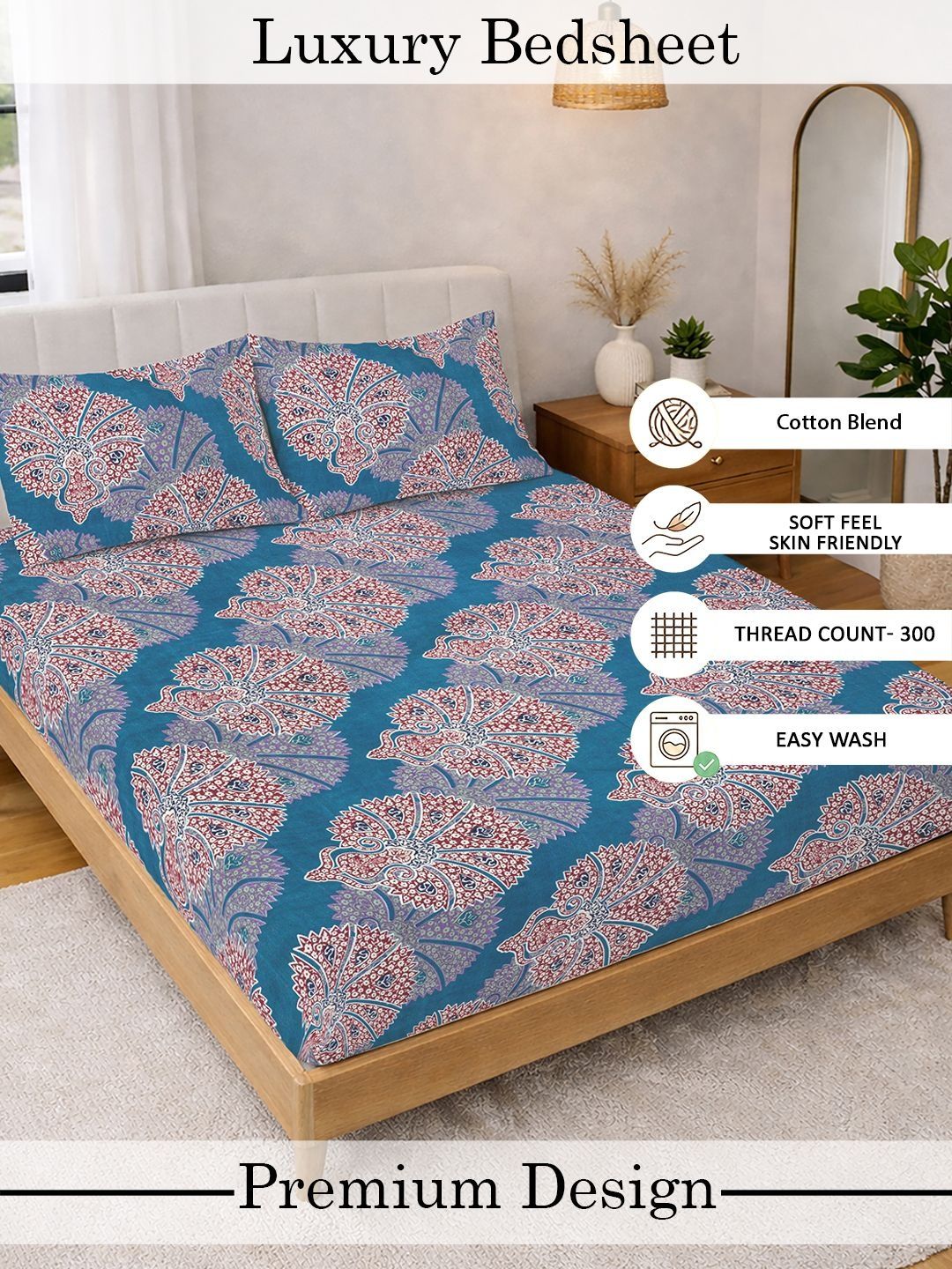Myntra Elegant Homes Blue 300 TC Super King Double Bedsheet with 2 Pillow Covers