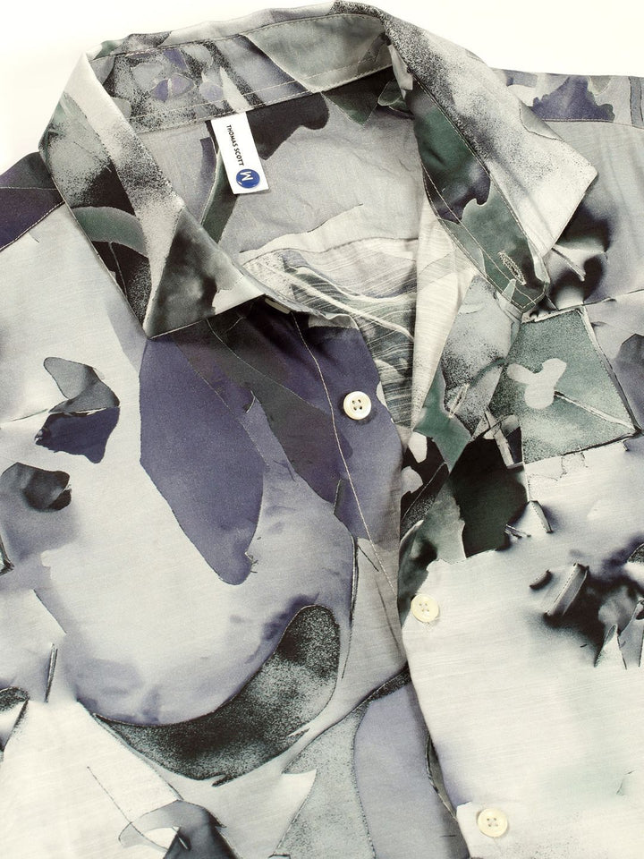 Thomas Scott Men Premium Spread Collar Abstract Printed Cotton Slim Fit Casual Shirt