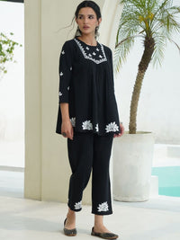 House of Chikankari Black 2 Pieces Cotton Solid Tunic with Trousers Co-Ord Set