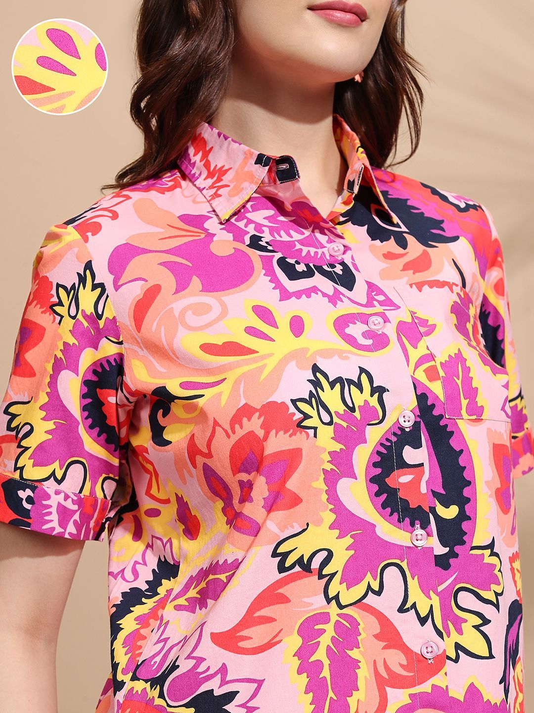 Tokyo Talkies Women Mui Printed Button Down Half Slleve Shirt