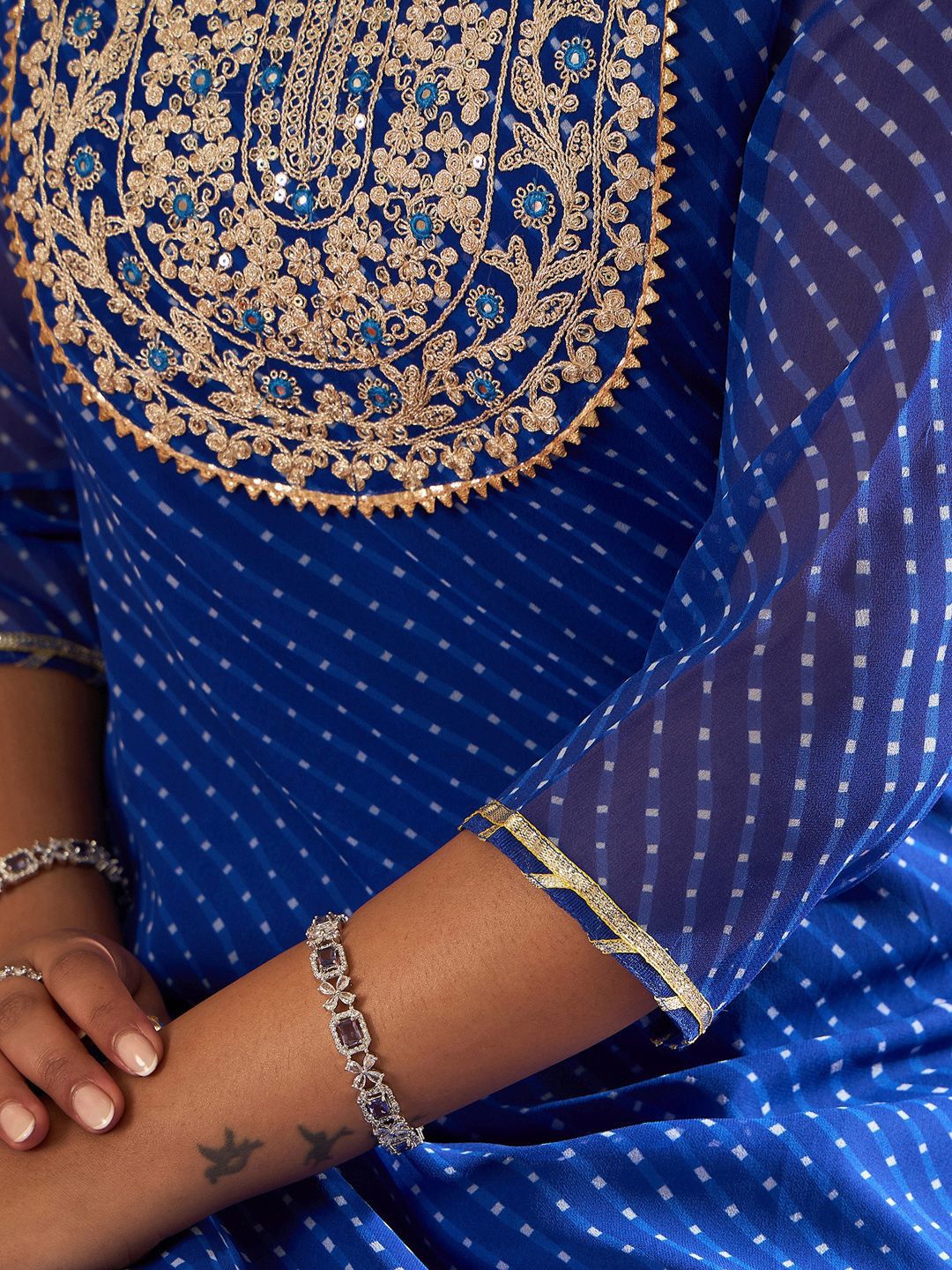 Indo Era Leheriya Embroidered Georgette Straight Kurta With Trousers & Dupatta