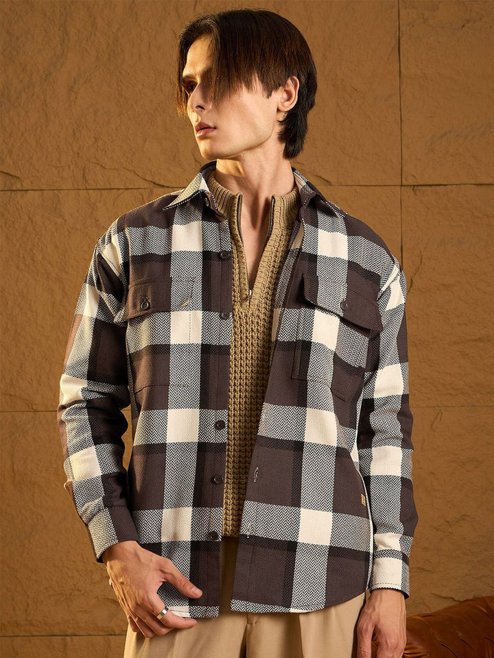 DENNISON Men Double Pocket Drop Shoulder Oversized Cotton Checked Shacket