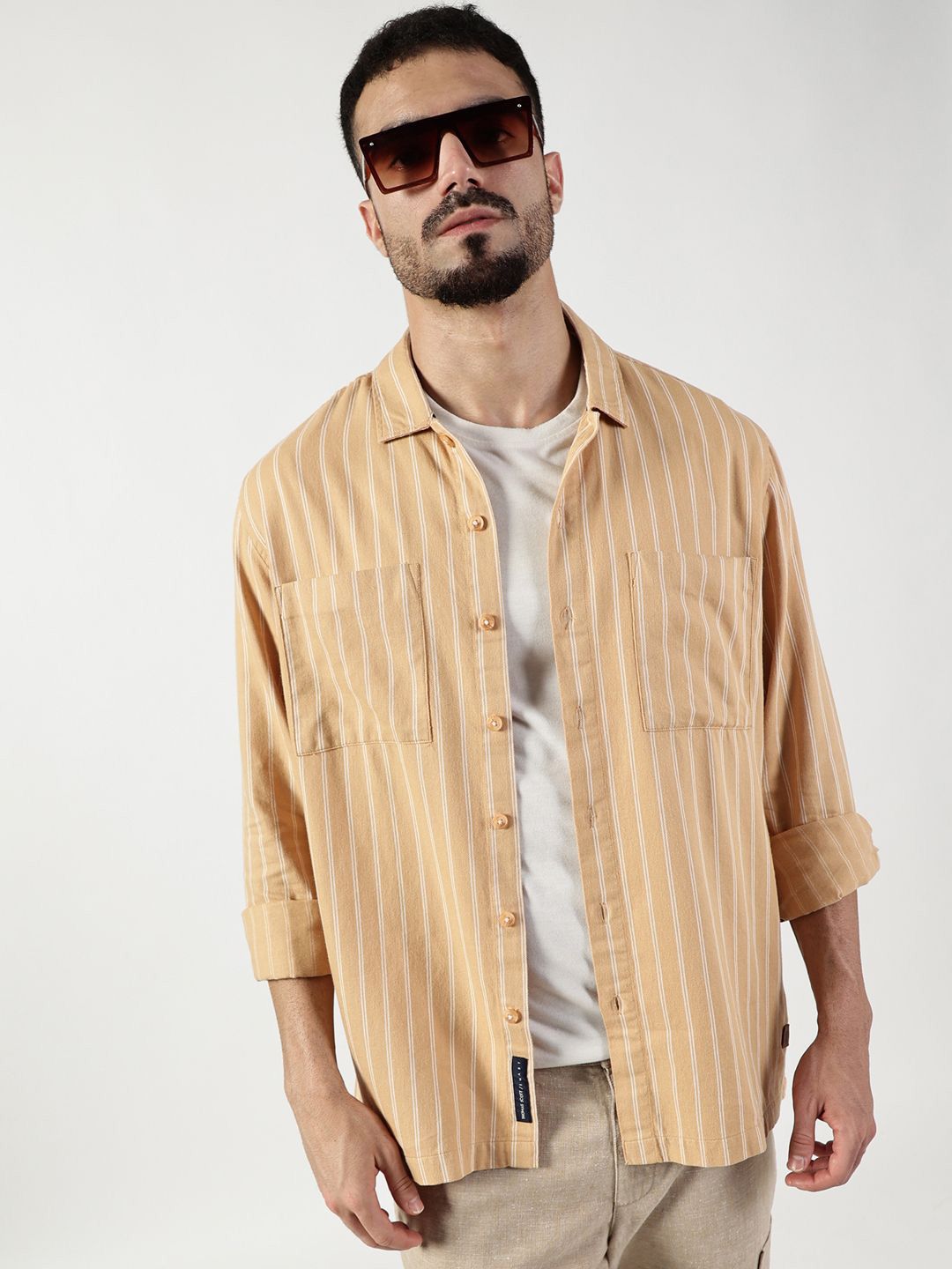 Thomas Scott Men Premium Spread Collar Vertical Striped Cotton Slim Fit Casual Shirt