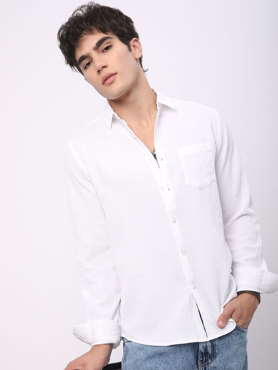 VASTRADO Men Classic Spread Collar Textured Slim Fit Casual Shirt