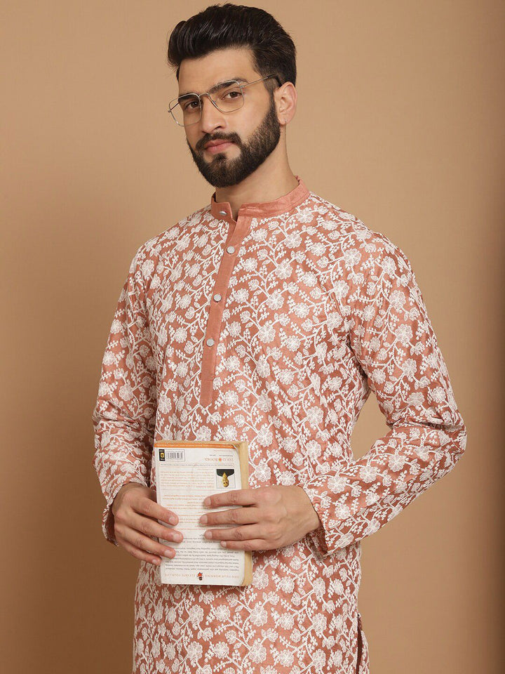 Anouk Floral Embroidered Mandarin Collar Knee Length Regular Kurta with Churidar