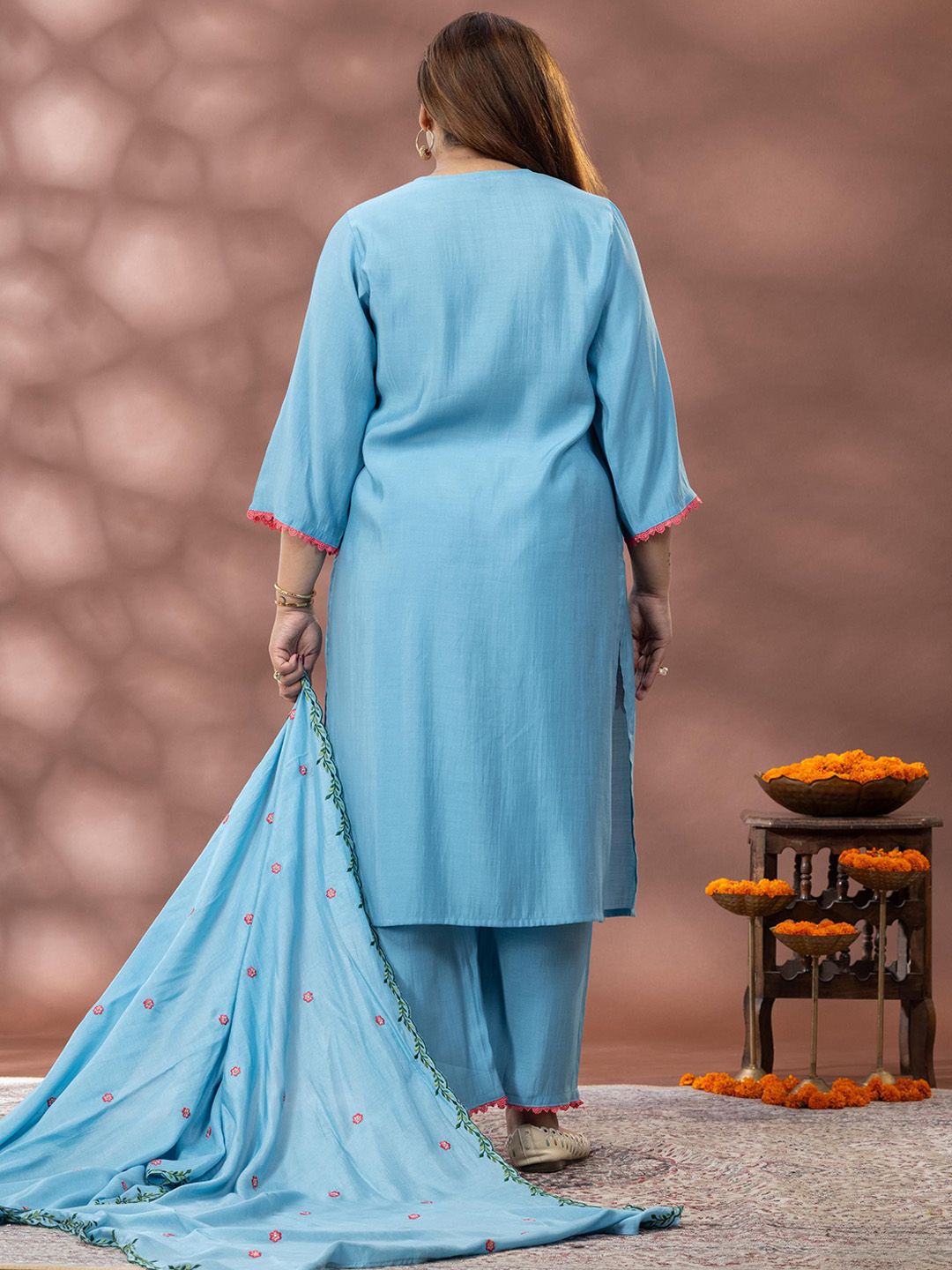 Kurta Sulam Bunga Wanita Mamicha dengan Palazzos & Dupatta