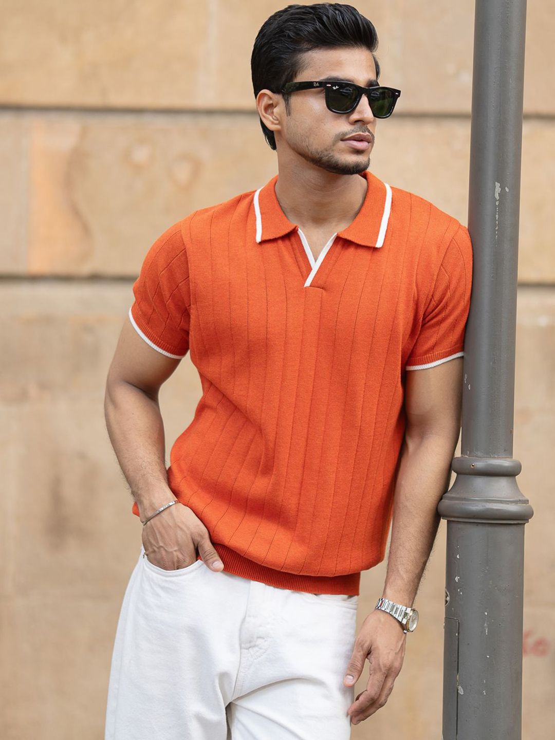 Powerlook Men Self Design Polo Collar Pure Cotton Slim Fit T-shirt