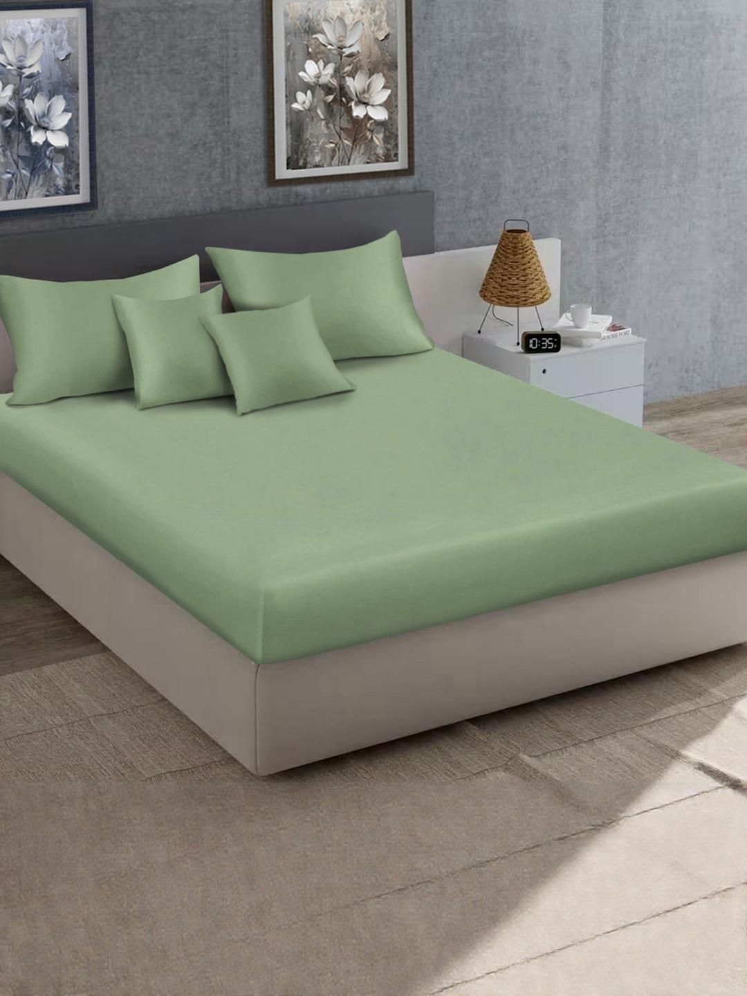 KLOTTHE Olive Green Flat 400TC Satin Super King Bedsheet With 2 Pillow Covers & 2 Cushion Covers